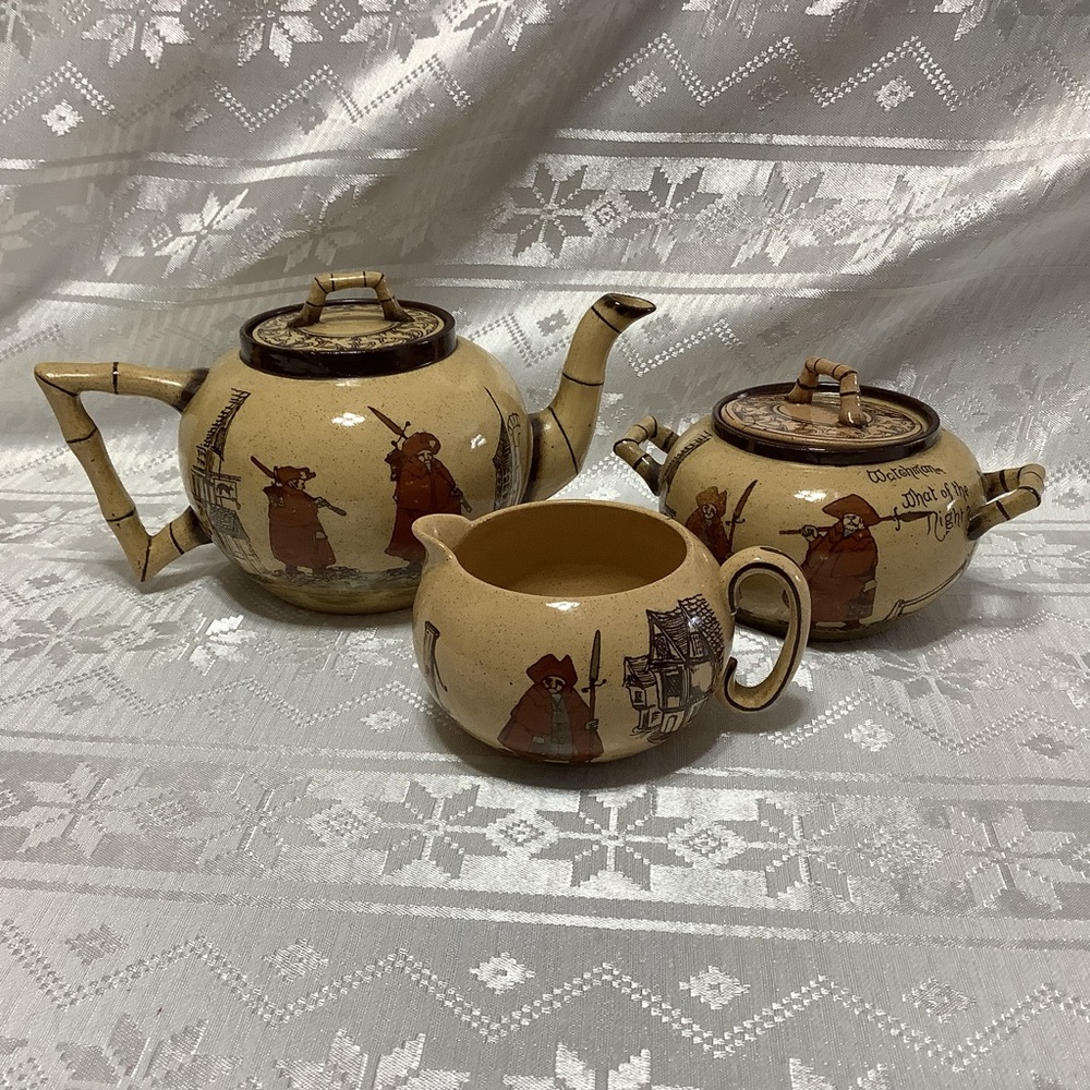 Royal Doulton Vintage Beige Ceramic Teapot Set with Hand-Painted Figures